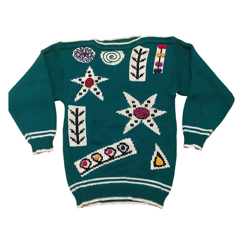 Vintage Sweater Stars Geometric Art to Wear Teal Green Knit Small